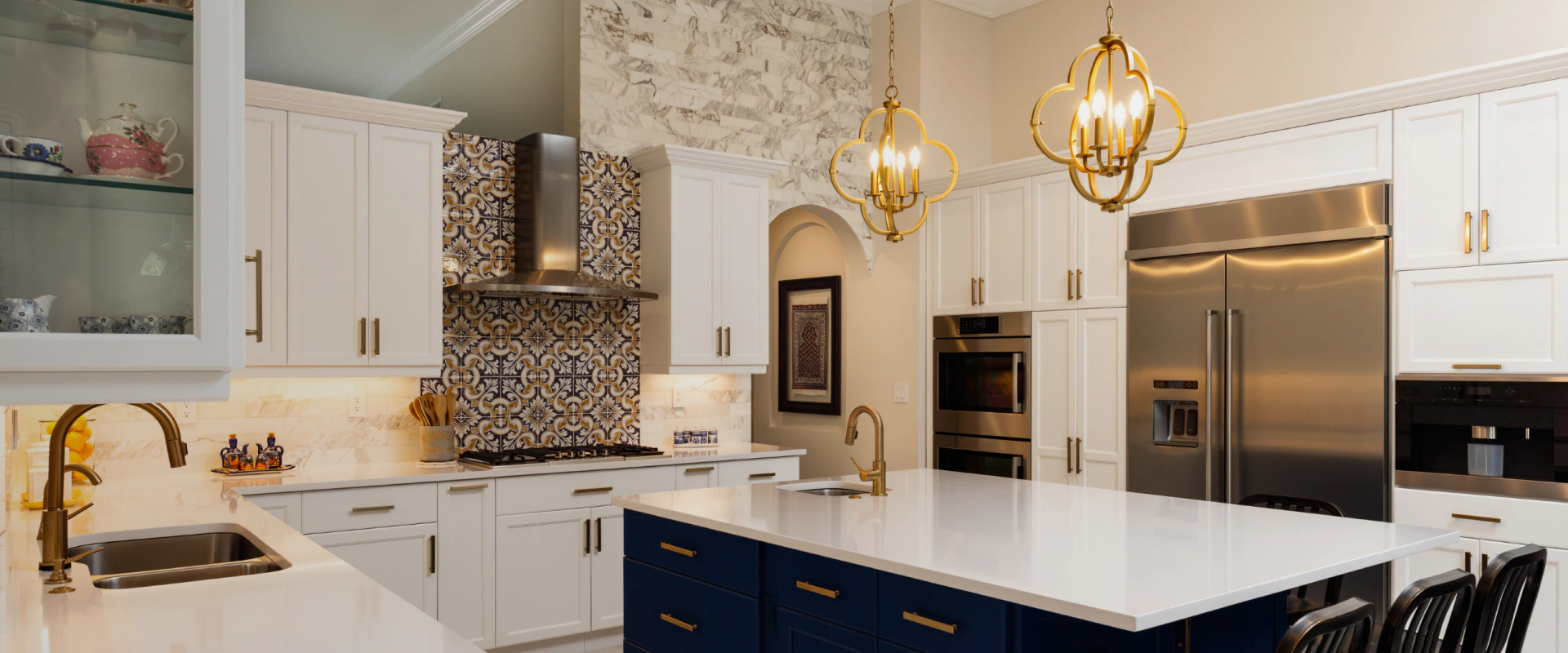 luxurious modern kitchen with hanging lights over marble countertop table